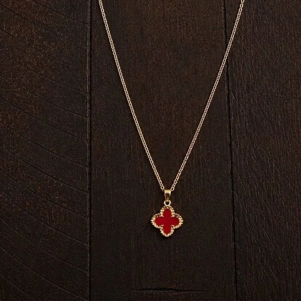Red Clover Pendant Necklace Gold Tone Minimalist Necklace